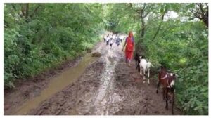 खस्ताहाल सड़क के विरोध में छात्रों ने दिया धरना