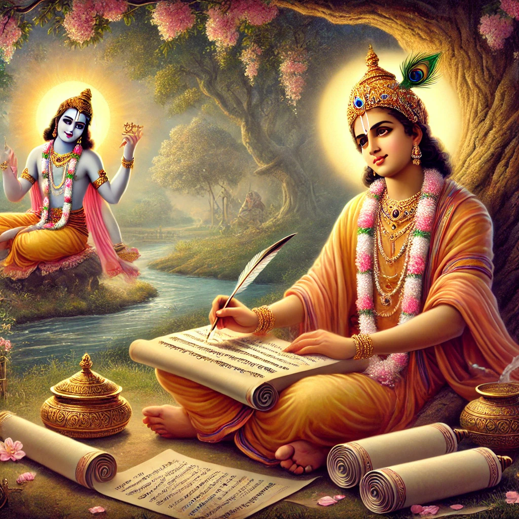 DALL·E 2024 10 16 06.13.15 An illustration of Sri Jayadeva Gosvami sitting under a tree writing his famous work Gita Govinda. He is in deep contemplation holding a quill surr