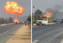 नेशनल हाईवे पर सिलेंडर से भरे ट्रक में भीषण लगीआग, ड्राइवर खुद झुलसा लोगों को बचाया ,देखिये वीडियो